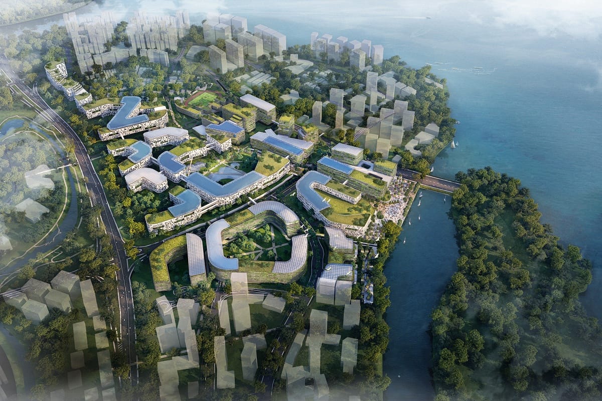 Aerial rendering of a futuristic green urban development with curved buildings, rooftop gardens, and a waterfront.
